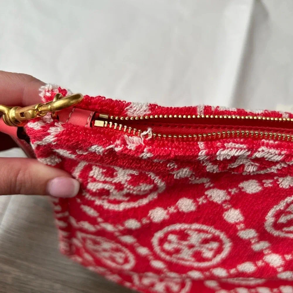 Tory Burch T Monogram Terry Pouch Wristlet Strawberry Red White Gold